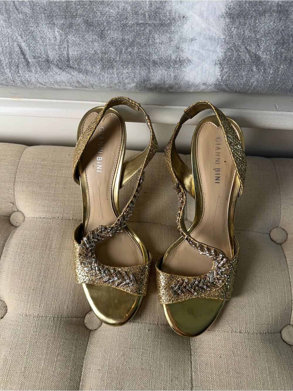 Gianni Bini Gold Crystal-Embellished Open-Toe Heels - Picture 2 of 3